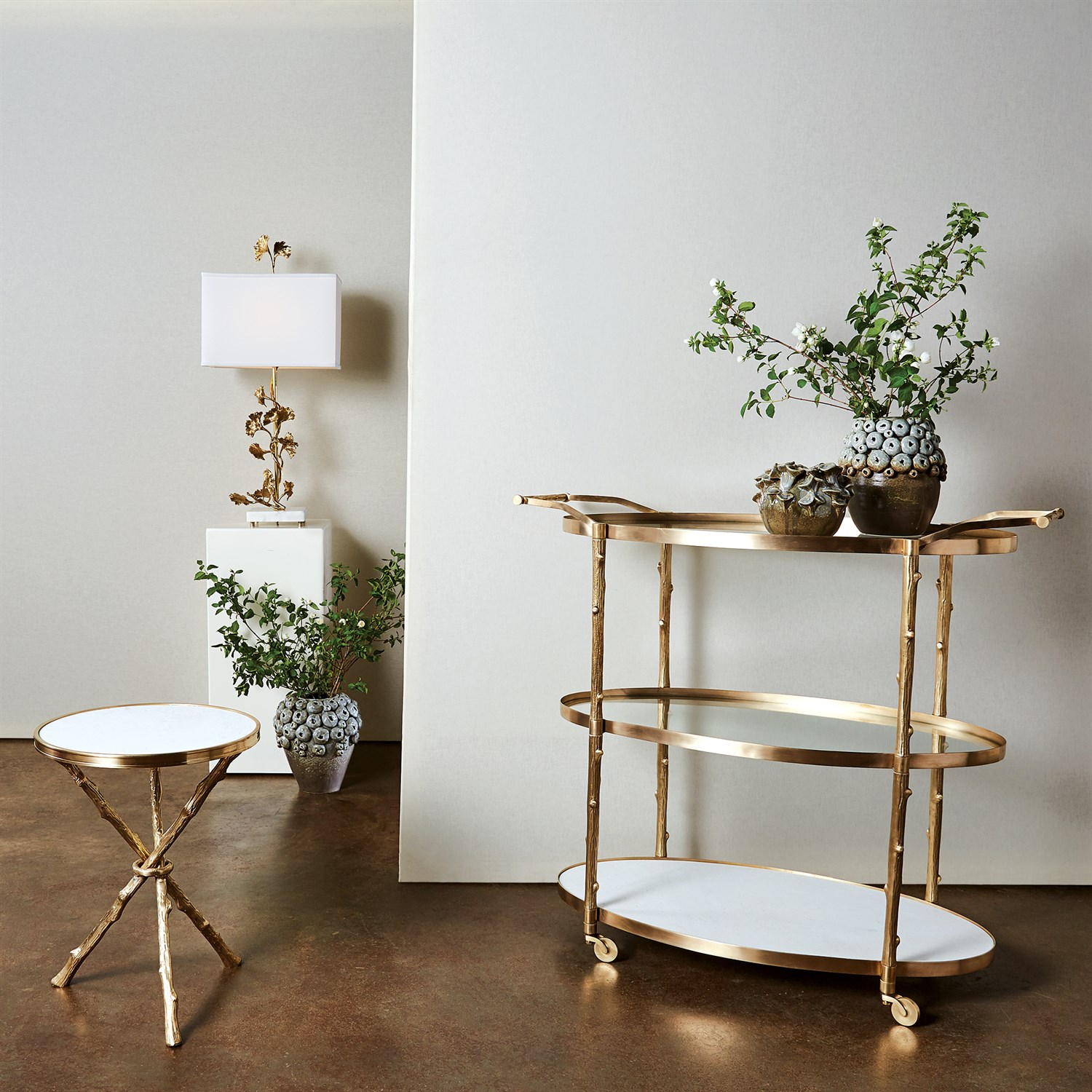TWIG TABLE-BRASS & WHITE MARBLE
